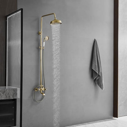 BWE Exposed Bathroom Shower Faucet Set Antique Brass Bathroom Shower Faucet Triple Functions 8 Inch Rainfall Shower Head Handheld Spray with Tub Spout Exposed Shower System Double Handle