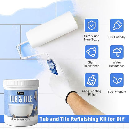 DWIL Tub Paint, Tub and Tile Refinishing Kit with Tools, Tile Refinishing Kit White Bathtub Paint Water Based &Low Odor, Easy to Use Sink for Bathroom Kitchen, Semi-Gloss White, 50-55sq.ft-3 Pack