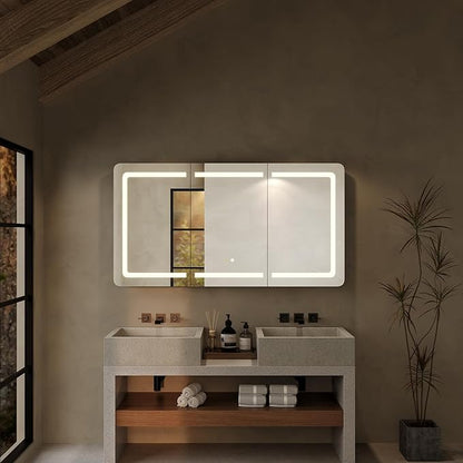 60''x32'' LED Bathroom Mirror Cabinet with Lights, Wall Mounted or Recessed Medicine Cabinet, Dimmable Front& Anti-Fog, Adjustable Shelves, Modern Aluminum Storage Cabinet (60x32 in | 3 Doors)