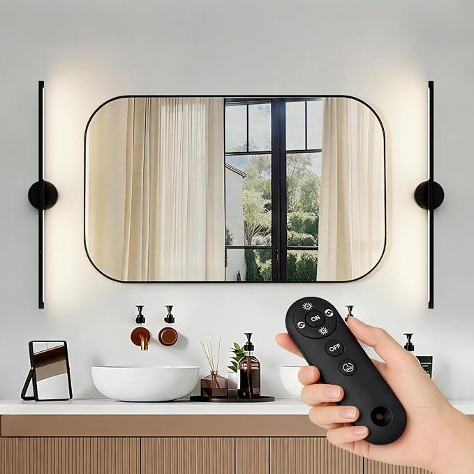 31inch Plug in Bathroom Vanity Light, 6000K Black Wireless Vanity Lights with Remote Control, Black Bar Mirror Light for Bathroom Mirror