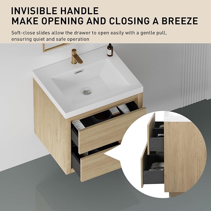 24" Floating Bathroom Vanity with Sink, Wall-Mounted Bathroom Storage Vanity Cabinet with Resin Top Basin and Soft Close Drawers, Fully Assembled, Natural Oak