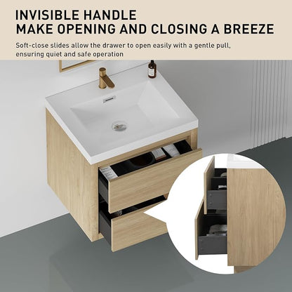24" Floating Bathroom Vanity with Sink, Wall-Mounted Bathroom Storage Vanity Cabinet with Resin Top Basin and Soft Close Drawers, Fully Assembled, Natural Oak