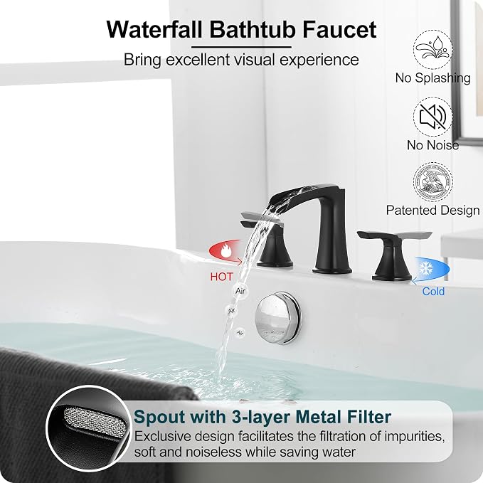 Roman Waterfall Bathtub Faucets, Brass High Flow Bathtub Faucet 3 Hole 6-16 Inch Widespread Black Tub Faucet Set 2 Handle, Deck Mount Filler Bath Faucet for Tub with Supply Water Hose for Modern