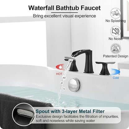 Roman Waterfall Bathtub Faucets, Brass High Flow Bathtub Faucet 3 Hole 6-16 Inch Widespread Black Tub Faucet Set 2 Handle, Deck Mount Filler Bath Faucet for Tub with Supply Water Hose for Modern