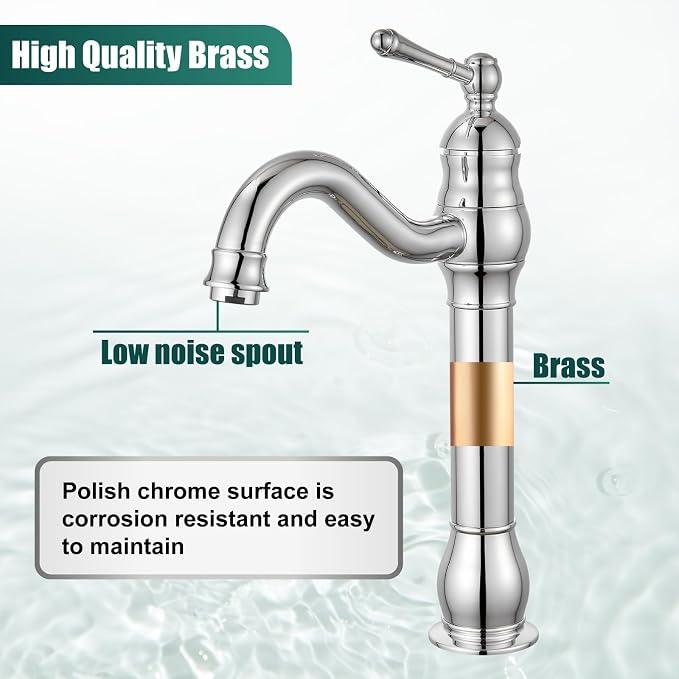 Heyalan Tall Vessel Sink Faucet, Single Handle 1-Hole,Polish Chrome | SUS304 stainless steel, 360° swivel spout, includes pop-up drain & hoses, deck mount 1-hole, tall design for vessel sink