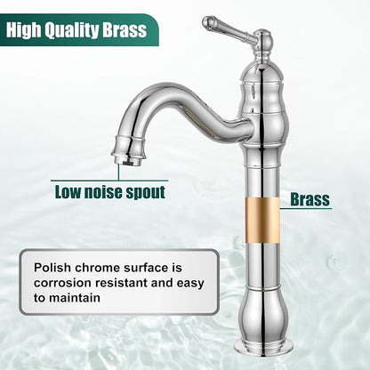 Heyalan Tall Vessel Sink Faucet, Single Handle 1-Hole,Polish Chrome | SUS304 stainless steel, 360° swivel spout, includes pop-up drain & hoses, deck mount 1-hole, tall design for vessel sink