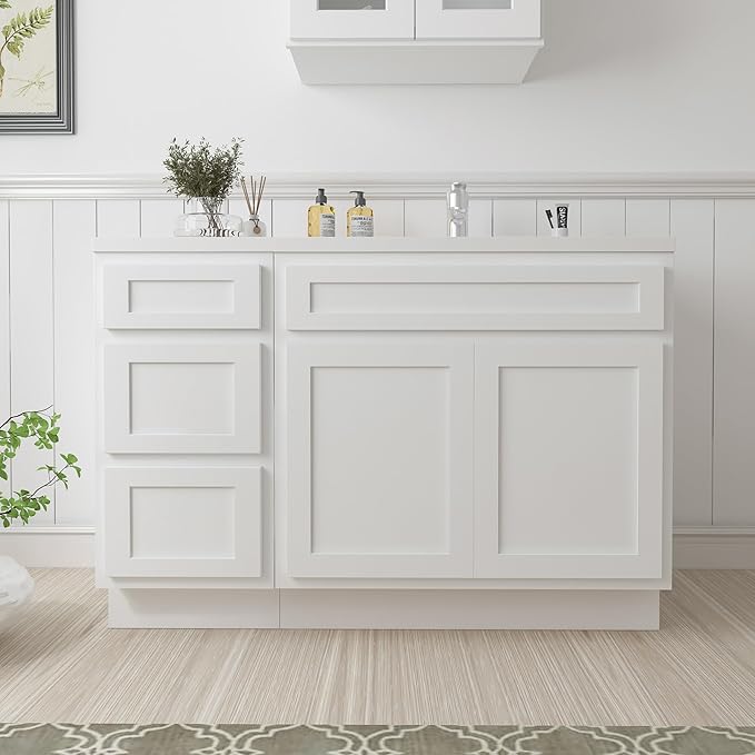 Vanity Art 54 inch Bathroom Vanity Base Only, Single Bathroom Vanity Cabinet with Soft Closing Shaker Drawer, Sturdy Floor Mounted Storage Cabinet Organizer for Bathroom, White, VA4039+VA4015-3