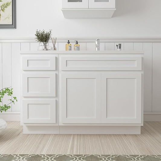 Vanity Art 54 inch Bathroom Vanity Base Only, Single Bathroom Vanity Cabinet with Soft Closing Shaker Drawer, Sturdy Floor Mounted Storage Cabinet Organizer for Bathroom, White, VA4039+VA4015-3