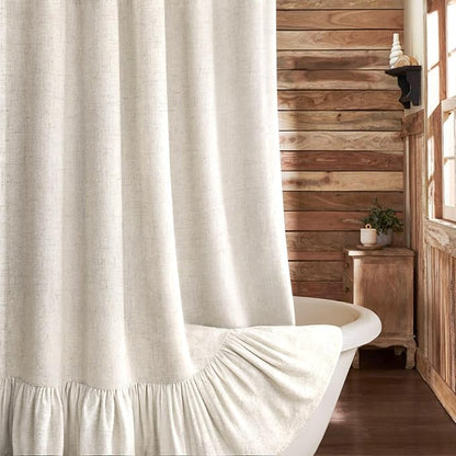 Farmhouse Shower Curtain Ruffle Linen Flax Ivory White 72"W x 84"L | Linen Fabric, Farmhouse Boho, Bottom Ruffle, Rustic, Country, Natural Look, Washable, Shower Curtain for Bathroom Bathtub