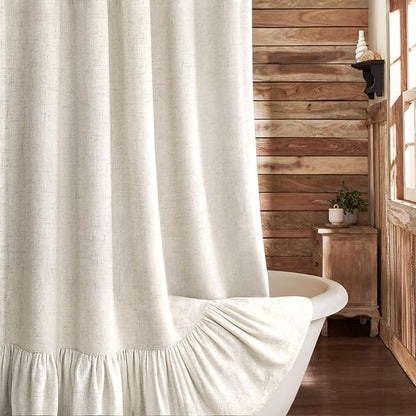 Farmhouse Shower Curtain Ruffle Linen Flax Ivory White 72"W x 96"L | Linen Fabric, Farmhouse Boho, Bottom Ruffle, Rustic, Country, Natural Look, Washable, Shower Curtain for Bathroom Bathtub