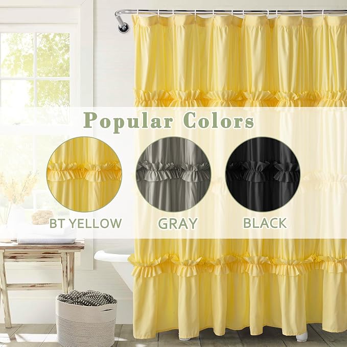 Farmhouse Ruffle Shower Curtain, Bright Yellow, 72 x 72 in | Decorative Elegant Bathroom Curtain with 12 Holes, Soft Ruched Microfiber Fabric, Vintage Handmade Design