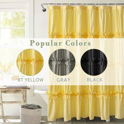 Farmhouse Ruffle Shower Curtain, Bright Yellow, 72 x 72 in | Decorative Elegant Bathroom Curtain with 12 Holes, Soft Ruched Microfiber Fabric, Vintage Handmade Design