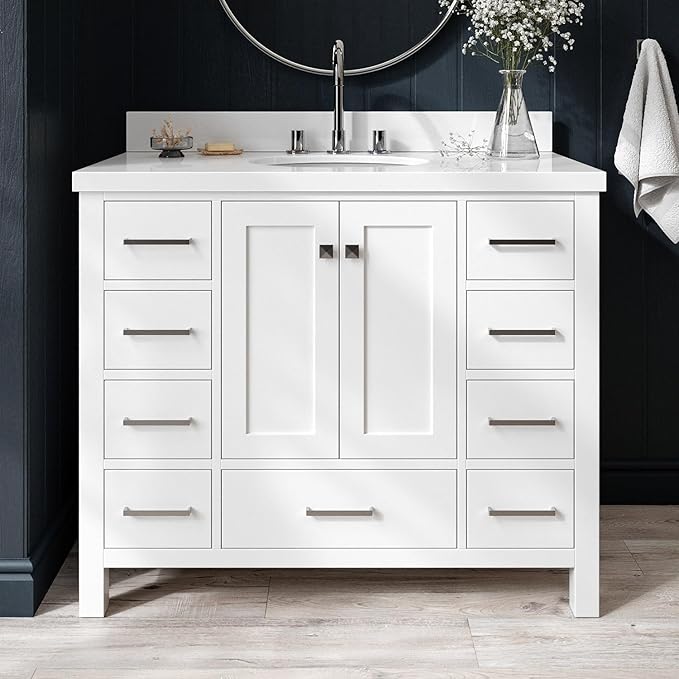 ARIEL Cambridge 42-inch Bathroom Vanity with Sink,Solid Wood, 1.5-inch Pure White Quartz Countertop & Backsplash, Single Oval Porcelain Sink, 2 Soft Closing Doors, 9 Dovetail Drawers, White