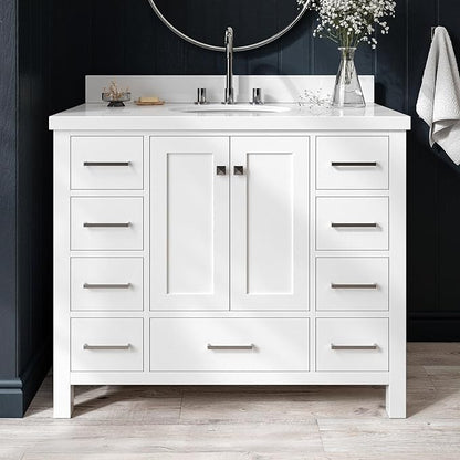 ARIEL Cambridge 42-inch Bathroom Vanity with Sink,Solid Wood, 1.5-inch Pure White Quartz Countertop & Backsplash, Single Oval Porcelain Sink, 2 Soft Closing Doors, 9 Dovetail Drawers, White