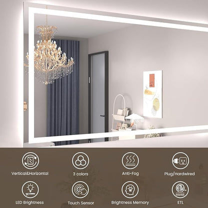 Snowdool 48 x 40 in LED Bathroom Mirror, Front and Backlit, Anti-Fog | Front and Backlit, 3 Color Temperatures, Anti-Fog, Tempered Glass