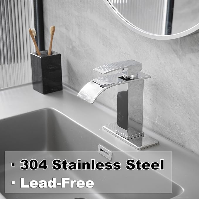 Bathroom Faucet Single Handle Waterfall Bathroom Sink Faucets | Waterfall Spout,Stainless Steel,with Sink Drain Assembly and Basin Plate,Deck Mount,for Lavatory Vanity Sink,Chrome
