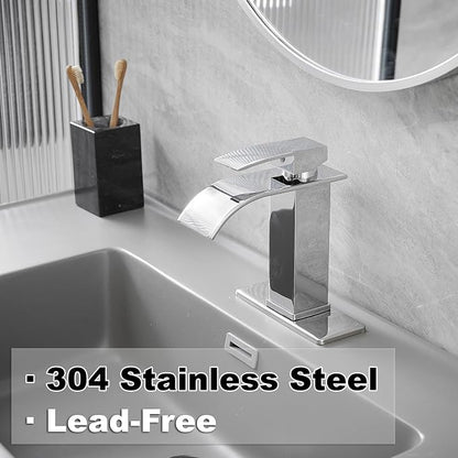Bathroom Faucet Single Handle Waterfall Bathroom Sink Faucets | Waterfall Spout,Stainless Steel,with Sink Drain Assembly and Basin Plate,Deck Mount,for Lavatory Vanity Sink,Chrome