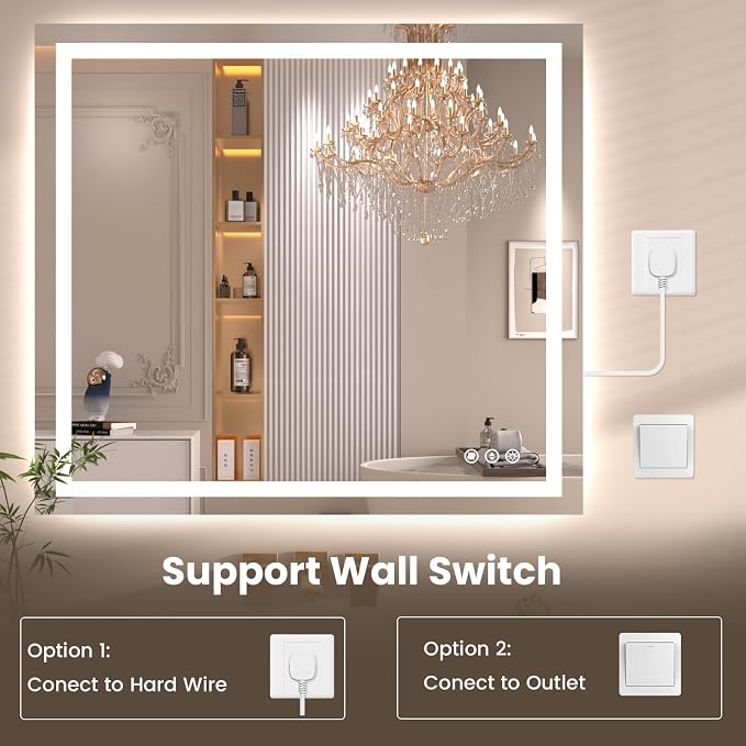 Snowdool 48 x 30 in LED Bathroom Mirror, Front and Backlit, Anti-Fog | Front and Backlit, 3 Color Temperatures, Anti-Fog, Tempered Glass