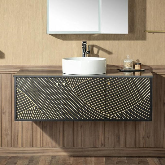 Woodbridge 48" Wall Mounted Floating Bathroom Vanity – Round Ceramic Vessel Sinks & Black Engineered Stone Top, Matte Black Lacquer Finish and Gold Accents, Space-Saving Wall-Mount Style