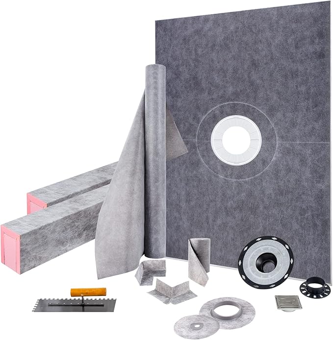 VEVOR Shower Curb Kit, 38"x60" Watertight Shower Curb Overlay with 4" PVC Central Bonding Flange, 4" Stainless Steel Grate, 2 Cuttable Shower Curb and Trowel, Shower Pan Slope Sticks Fit for Bathroom