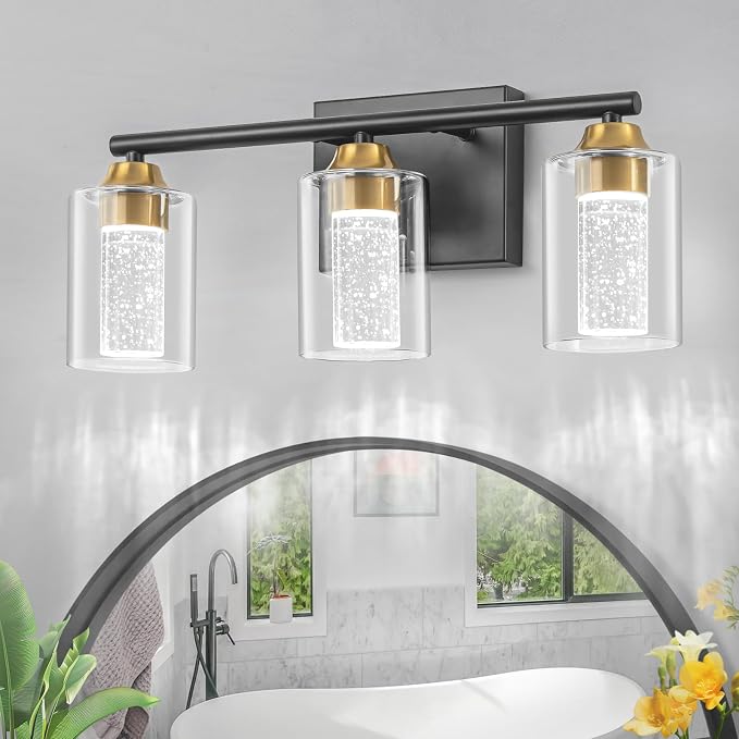 3-Light Black & Gold Bathroom Vanity Light with 3 Color Modes (3000K/4000K/6000K), Dimmable Modern Wall Light Over Mirror with Clear Glass Shade