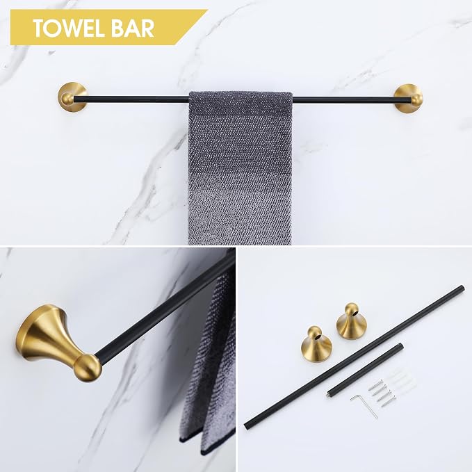Brushed Gold and Black Bathroom Hardware Set, 4-Piece Black and Gold Bathroom Accessories Kit Stainless Steel 23.6 Inch Towel Bar | Towel Hook | Toilet Paper Holder | Hand Towel Holder
