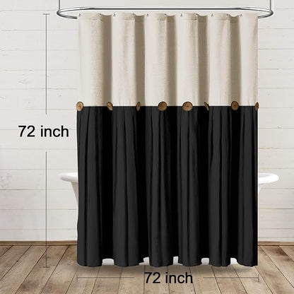 Farmhouse Shower Curtain Linen Button Cream-Black 72" W x 72" L | Farmhouse Style, Chic Button, Striped, Linen Fabric, Rustic, Country, Natural Look, Washable, for Bathroom Bathtub