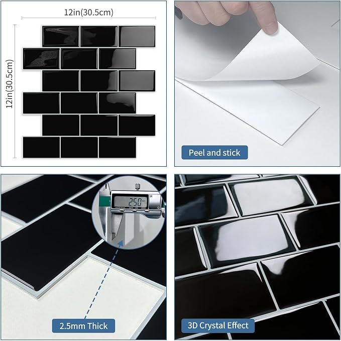 Black Peel and Stick Backsplash Subway Tile for Kitchen 10-Sheet | Thick,Self Adhesive,Wall,Sticky,Brick,for Bathroom,Laundry,Sink,12"×12"