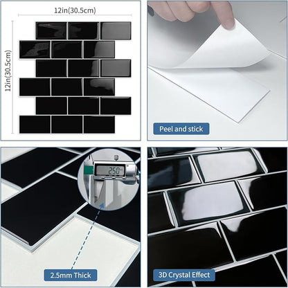 Black Peel and Stick Backsplash Subway Tile for Kitchen 10-Sheet | Thick,Self Adhesive,Wall,Sticky,Brick,for Bathroom,Laundry,Sink,12"×12"