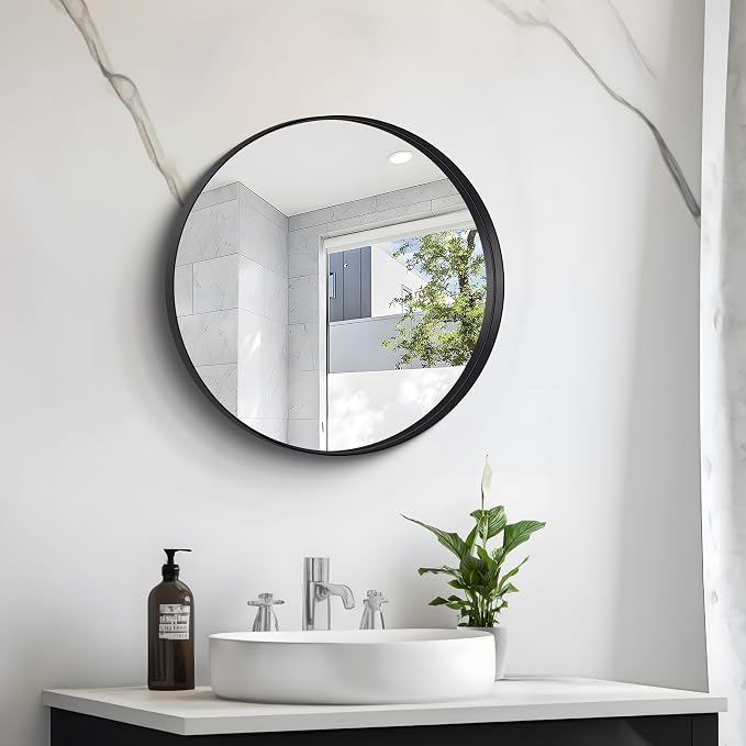 Black Round Mirror 22 inch Deep Frame Circle Mirror, Metal Framed Bathroom Mirror, Round Vanity Mirror, Circle Mirrors for Wall Entryway Bedroom Living Room Hallway