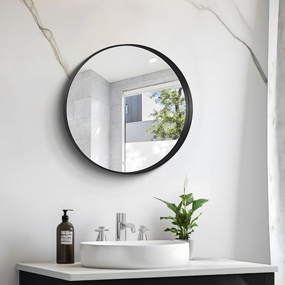 Black Round Mirror 22 inch Deep Frame Circle Mirror, Metal Framed Bathroom Mirror, Round Vanity Mirror, Circle Mirrors for Wall Entryway Bedroom Living Room Hallway