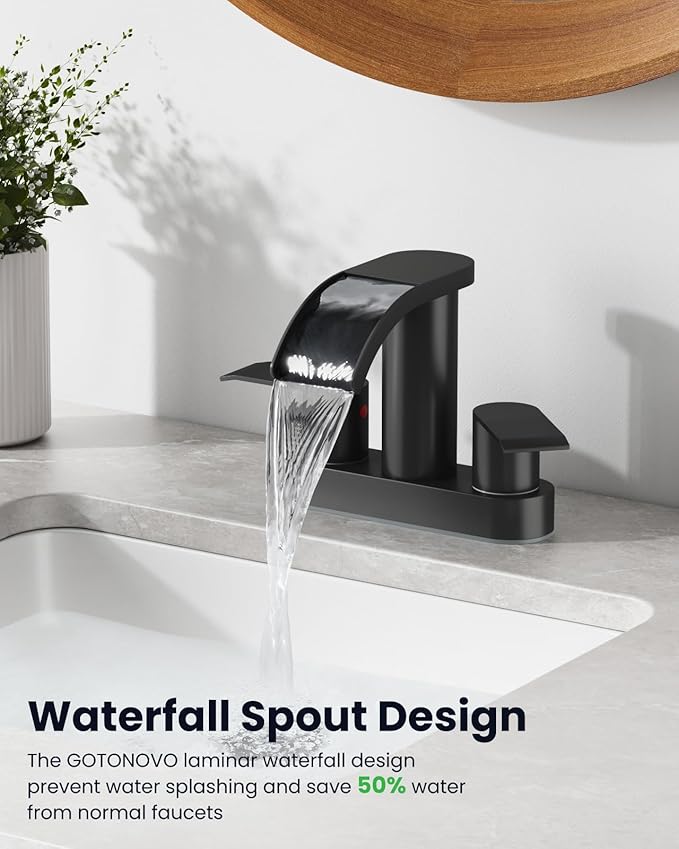 gotonovo 4 Inch Centerset Waterfall Bathroom Sink Faucet Deck Mount 2 Handle Basin Faucets 2 or 3 Hole with Pop Up Drain Included Lavatory Modern Mixer Tap Vanity Faucet Matte Black