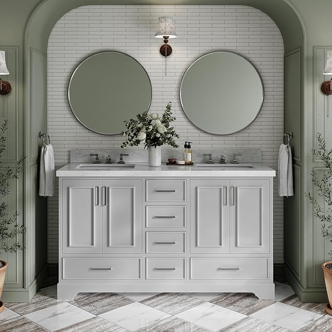 ARIEL Stafford 60-inch Bathroom Vanity with Sink,Solid Wood, 1.5-inch Italian Carrara Marble Countertop, Double Rectangular Porcelain Sink, 4 Soft Closing Doors, 6 Dovetail Drawers, Grey