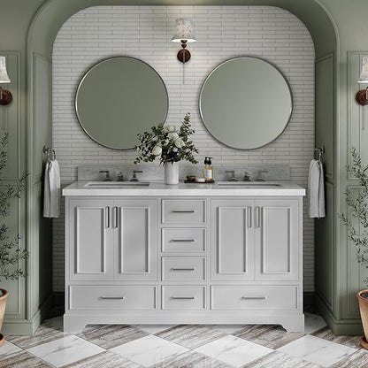 ARIEL Stafford 60-inch Bathroom Vanity with Sink,Solid Wood, 1.5-inch Italian Carrara Marble Countertop, Double Rectangular Porcelain Sink, 4 Soft Closing Doors, 6 Dovetail Drawers, Grey