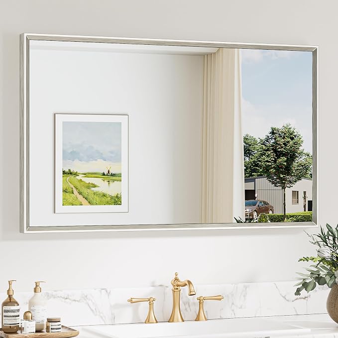 Keonjinn 40 x 24 Inch Brushed Nickel Bathroom Mirrors for Over Sink | Aluminum Metal Frame, Beveled Rectangle Mirrors for Wall, Farmhouse Bathroom Vanity Mirror, Tempered Glass, Square Corner