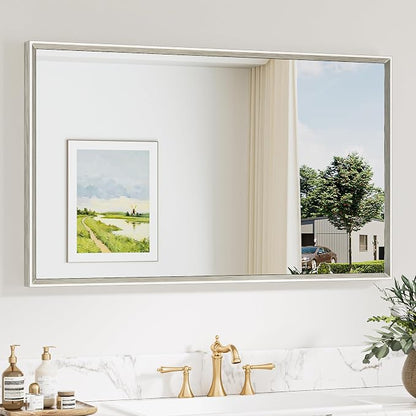 Keonjinn 40 x 24 Inch Brushed Nickel Bathroom Mirrors for Over Sink | Aluminum Metal Frame, Beveled Rectangle Mirrors for Wall, Farmhouse Bathroom Vanity Mirror, Tempered Glass, Square Corner