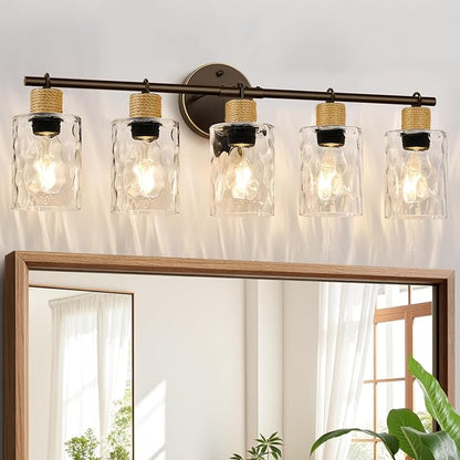 Bathroom Light Fixtures, 5-Light Coastal Vanity Lights with Crystal Glass Shade, Oil-Rubbed Bronze Bathroom Wall Lamp for Mirror Kitchen Hallway Cabinet