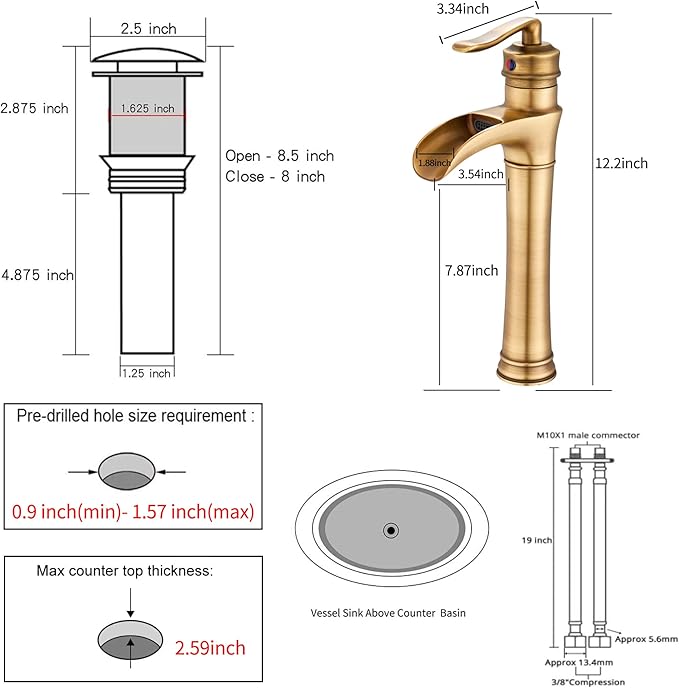 Antique Brass Waterfall Bathroom Faucet GGStudy Single Handle One Hole Farmhouse Bathroom Vessel Sink Faucet Matching with Pop Up Drain