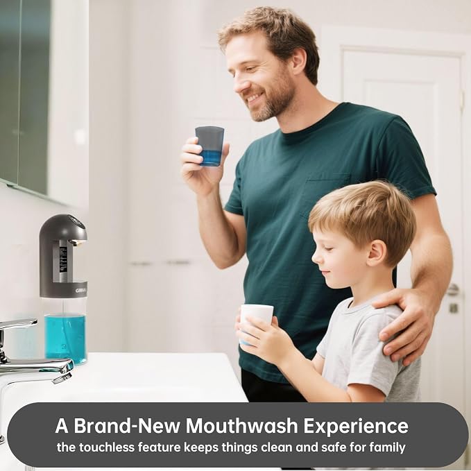 Upgraded Automatic Mouthwash Dispenser with 4 Dispensing Levels for Bathroom-GIMUBABA Smart Mouth Wash Dispenser Sets with 28.3 FL Oz Container,2 Cups & Wall Mount Accessories for Kids & Family(black)