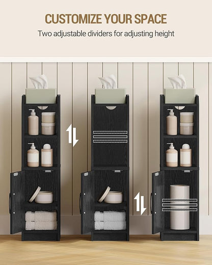 Bathroom Storage Cabinet, Small Farmhouse Corner Floor Cabinet with Door and Shelves, Narrow Toilet Paper Holder Stand, Bathroom Organizer with Adjustable Shelf, for Small Spaces, Black