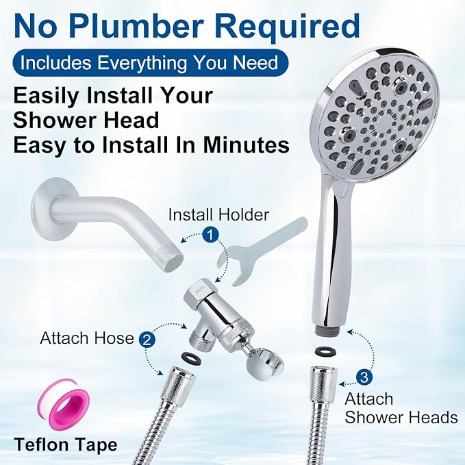 Shower Head with Handheld: Long Hose and Metal Holder, Water Saver Low Flow | All Metal Holder and Long Hose, Multi Mode Adjustment High Pressure Showerhead Sprayer