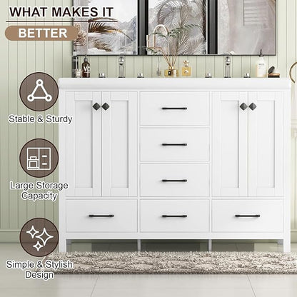 48" Bathroom Vanity with Sink Combo, Modern Bathroom Storage Cabinet with Double Sink Ceramic, 4 Doors and 5 Drawers, Space-Saving Storage Cabinet, White