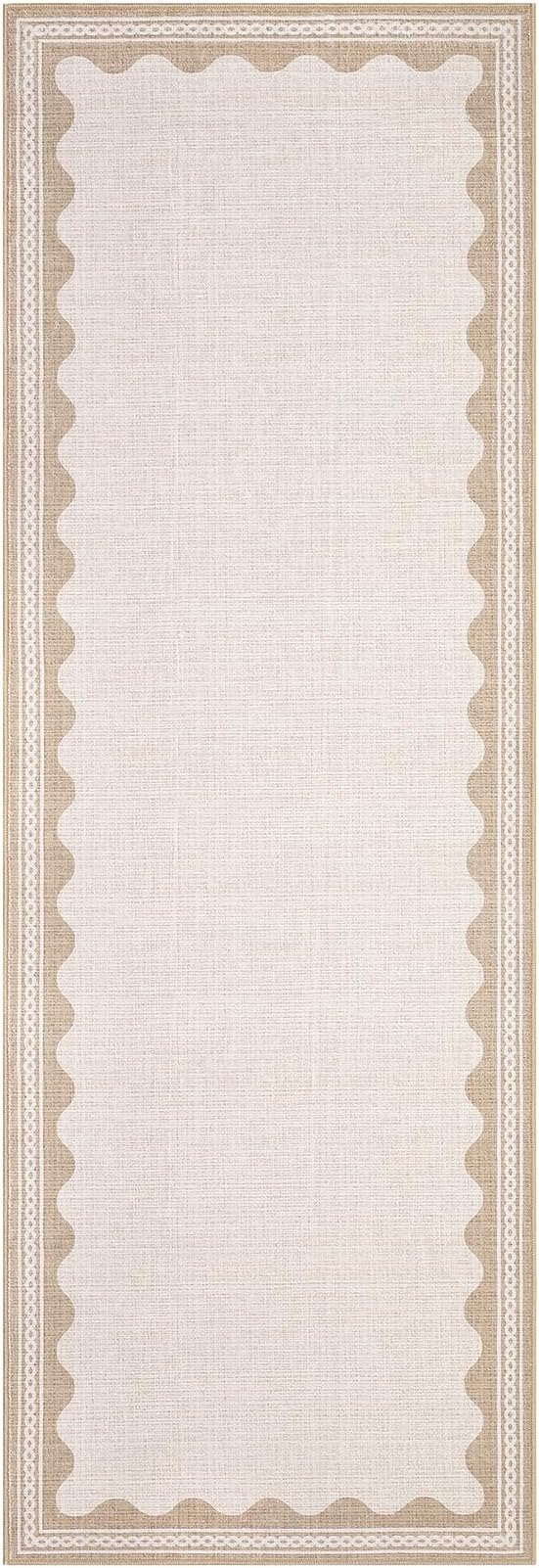 Garvee Washable Hallway Runner Rug 2x6 Runner Rug Bordered Wave Print Beige | Non Slip Entryway Rugs Foldable Non-Shedding Carpet Low Pile Stain-Resistant Indoor Soft Rugs for Laundry Kitchen Bathroom