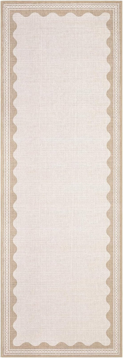 Garvee Washable Hallway Runner Rug 2x6 Runner Rug Bordered Wave Print Beige | Non Slip Entryway Rugs Foldable Non-Shedding Carpet Low Pile Stain-Resistant Indoor Soft Rugs for Laundry Kitchen Bathroom