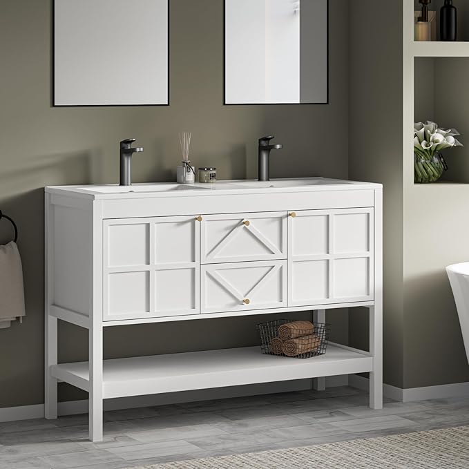 48" Bathroom Vanity with Double Sink Combo, Undermount Sink Bathroom Storage Cabinet with 2 Drawers & 2 Soft-Close Doors, Freestanding Farmhouse Cabinet with Open Storage Shelf, White