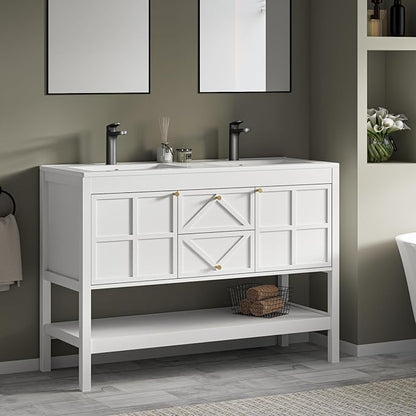 48" Bathroom Vanity with Double Sink Combo, Undermount Sink Bathroom Storage Cabinet with 2 Drawers & 2 Soft-Close Doors, Freestanding Farmhouse Cabinet with Open Storage Shelf, White