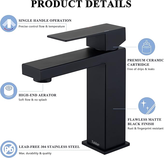 Tohlar Black Bathroom Faucet, Bathroom Faucets for Sink 1 Hole, Matte Black Single Hole Bathroom Faucets Modern Single Handle Vanity Faucet with Overflow Pop Up Drain Stopper and Water Supply Lines