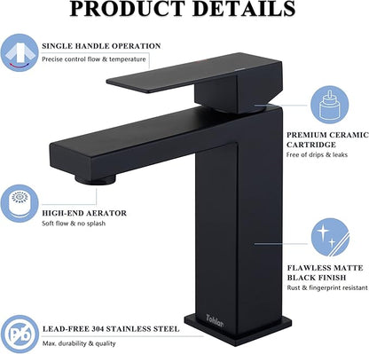 Tohlar Black Bathroom Faucet, Bathroom Faucets for Sink 1 Hole, Matte Black Single Hole Bathroom Faucets Modern Single Handle Vanity Faucet with Overflow Pop Up Drain Stopper and Water Supply Lines