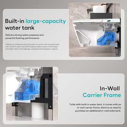 Smart Wall Hung Toilet Combo,Auto Flush, Auto Open/Close LId,Heated Seat,Warm Water/Dryer, Modern Elongated Bidet Toilet with In wall Carrier (No need to buy an additional Water Tank)