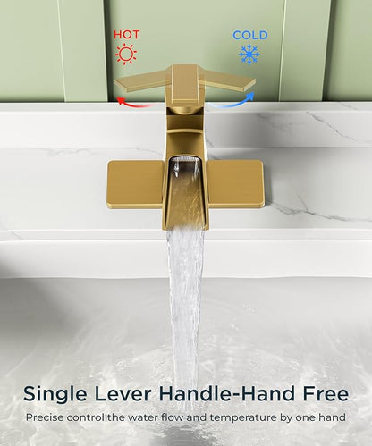 FORIOUS Brushed Gold Bathroom Faucet 1 Hole, Single Handle Waterfall Bathroom Faucets with Pop-Up Drain for Commercial, Vanity, Lavatory, Restroom, Farmhouse